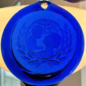 Cobalt Blue Glass Suncatcher Window Decor UNICEF Logo Mother & Child